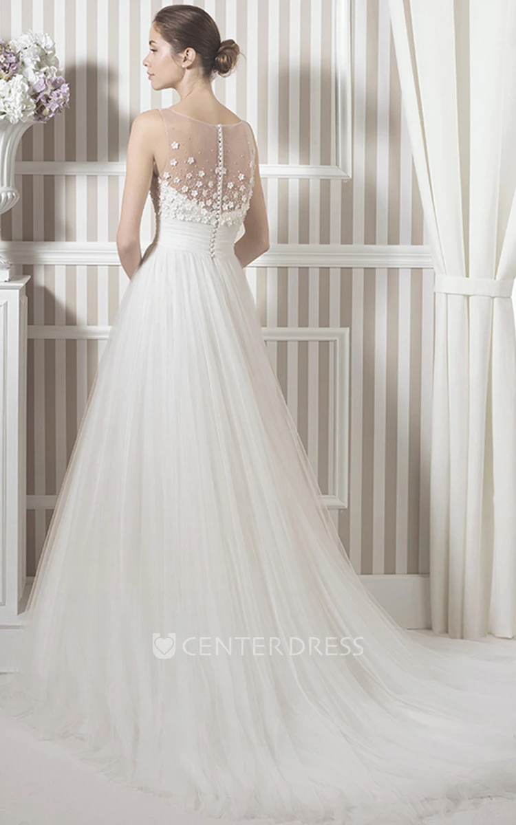 A-Line Floor-Length Bateau Sleeveless Floral Tulle Wedding Dress With Pleats And Illusion Back