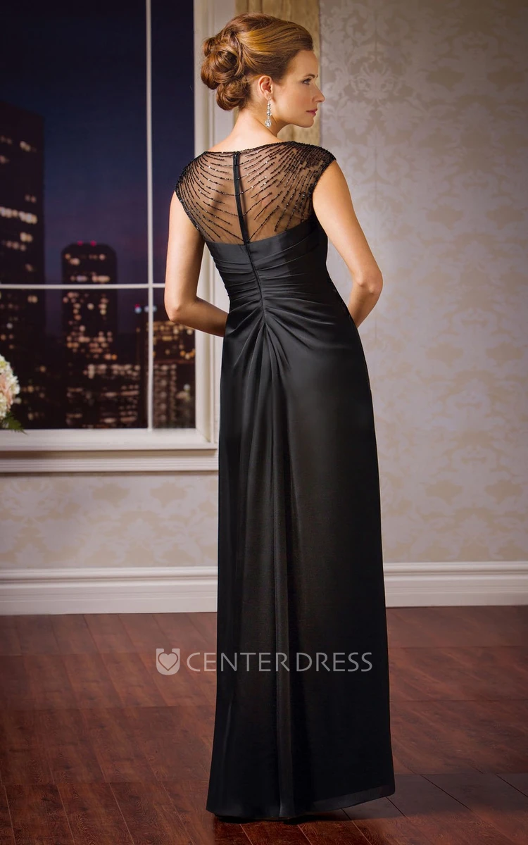 Cap-Sleeved V-Neck Mother Of The Bride Dress With Sequins And Illusion Back