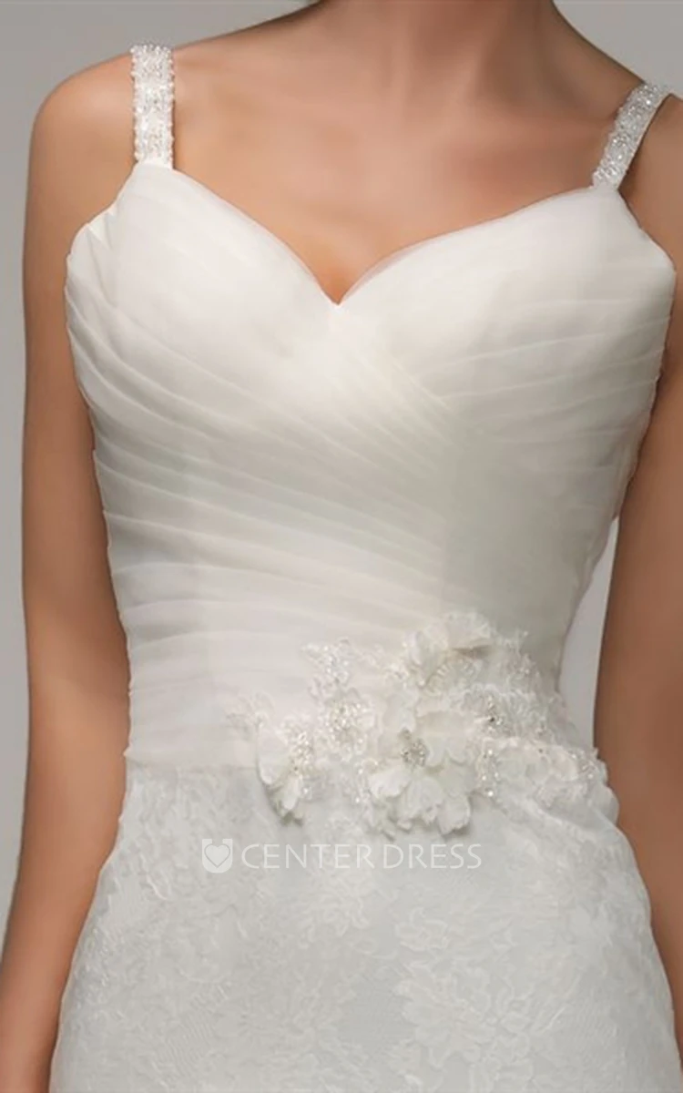 Sheath Sleeveless Spaghetti Long Criss-Cross Lace Wedding Dress With Flower And Appliques