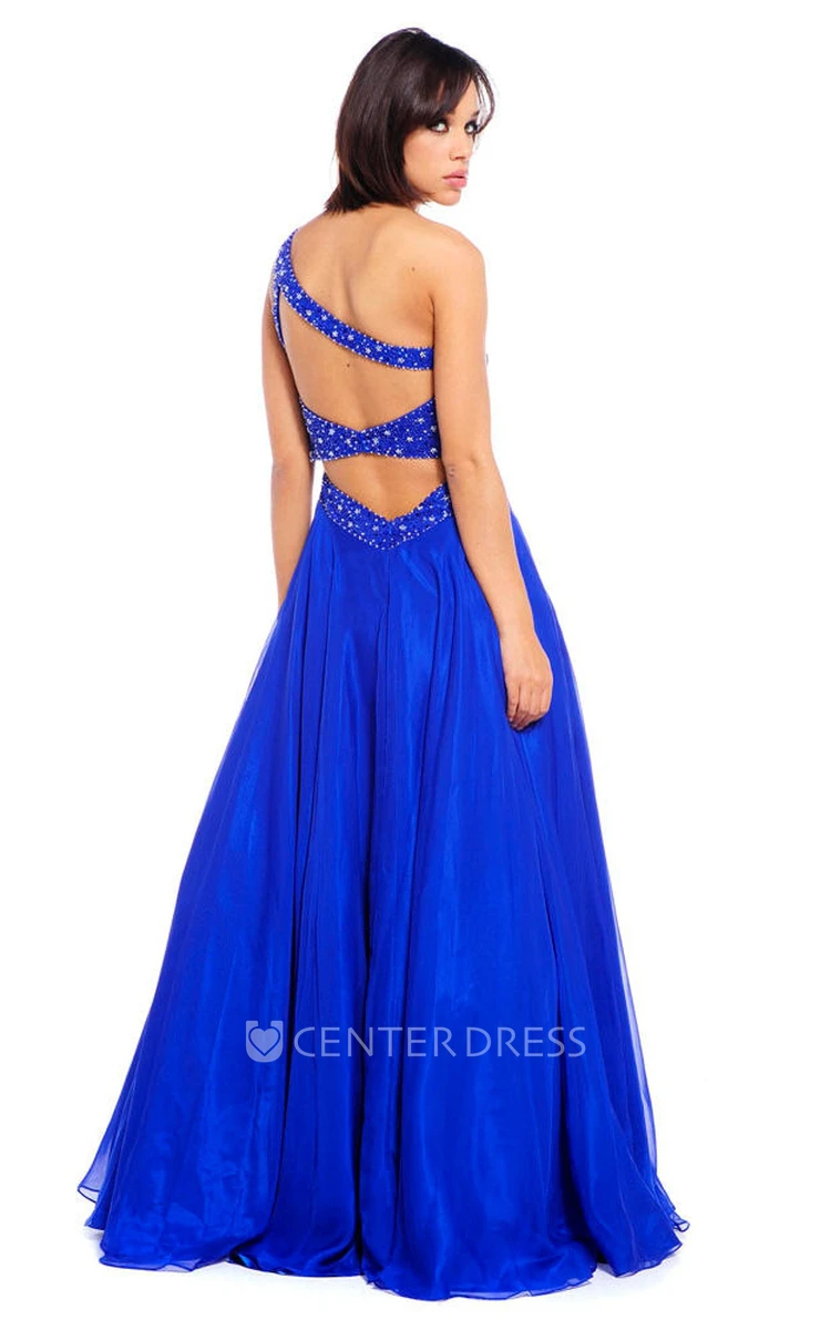 One-Shoulder Maxi Ruched Chiffon Prom Dress With Beading And Straps