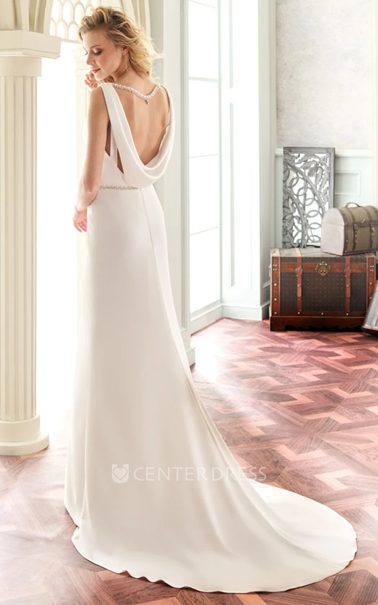 Floor-Length V-Neck Jeweled Satin Wedding Dress With Brush Train And V Back