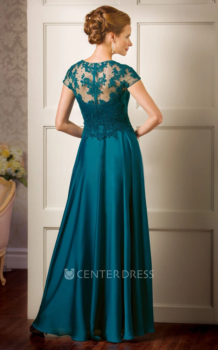 Cap-Sleeved Long Mother Of The Bride Dress With Appliques And Illusion Back