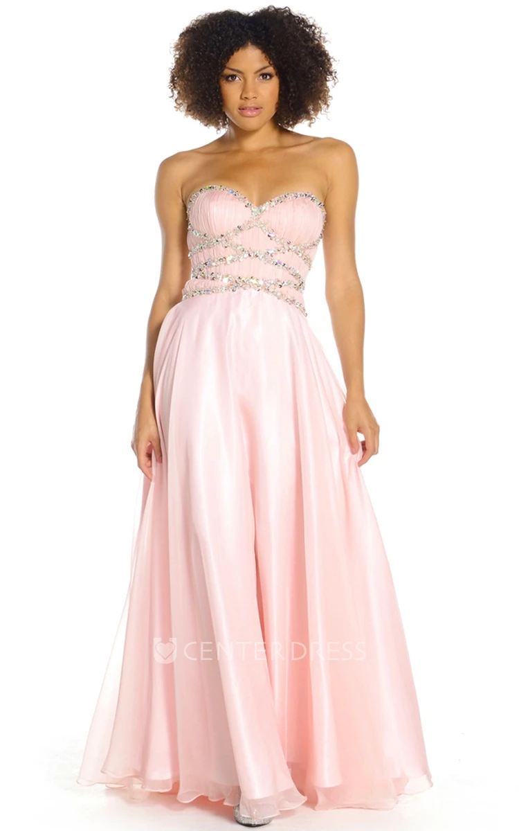 A-Line Sleeveless Maxi Beaded Sweetheart Satin Prom Dress With Straps And Ruching