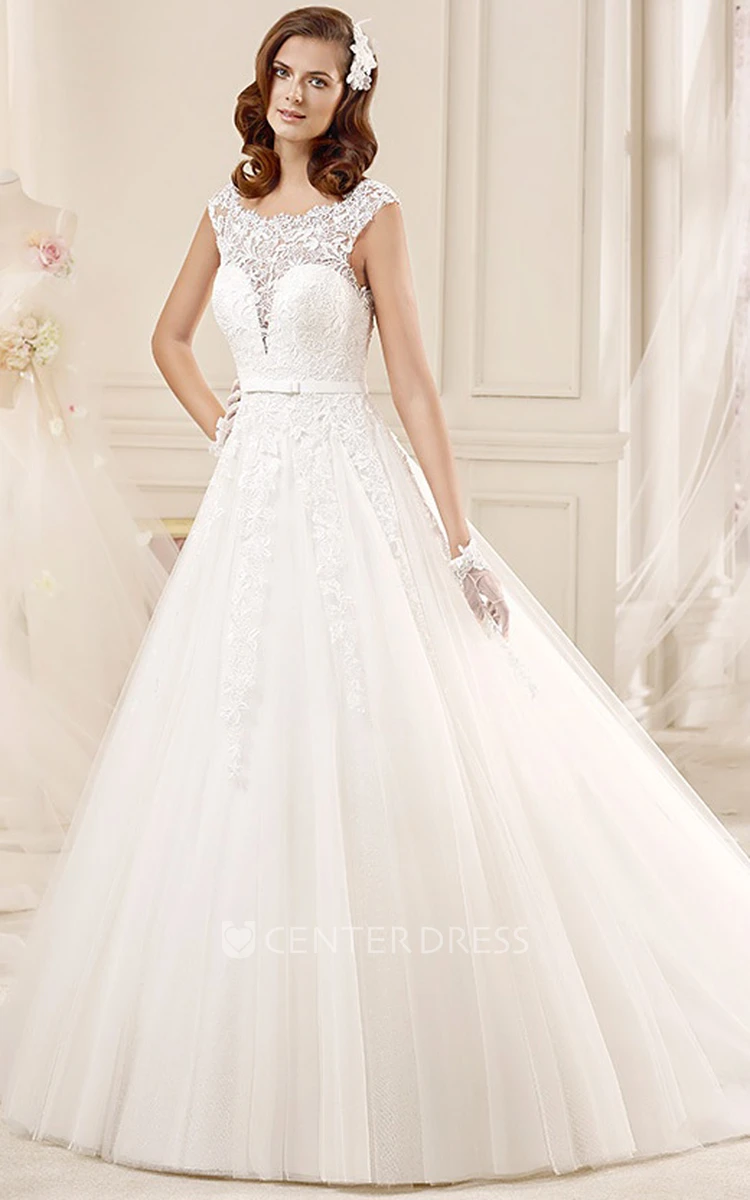 Scalloped-neck Cap-sleeve Wedding Gown with Illusive Lace and Brush Train