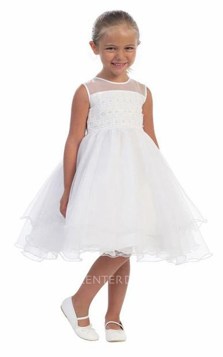 Midi Illusion Beaded Organza Flower Girl Dress With Embroidery