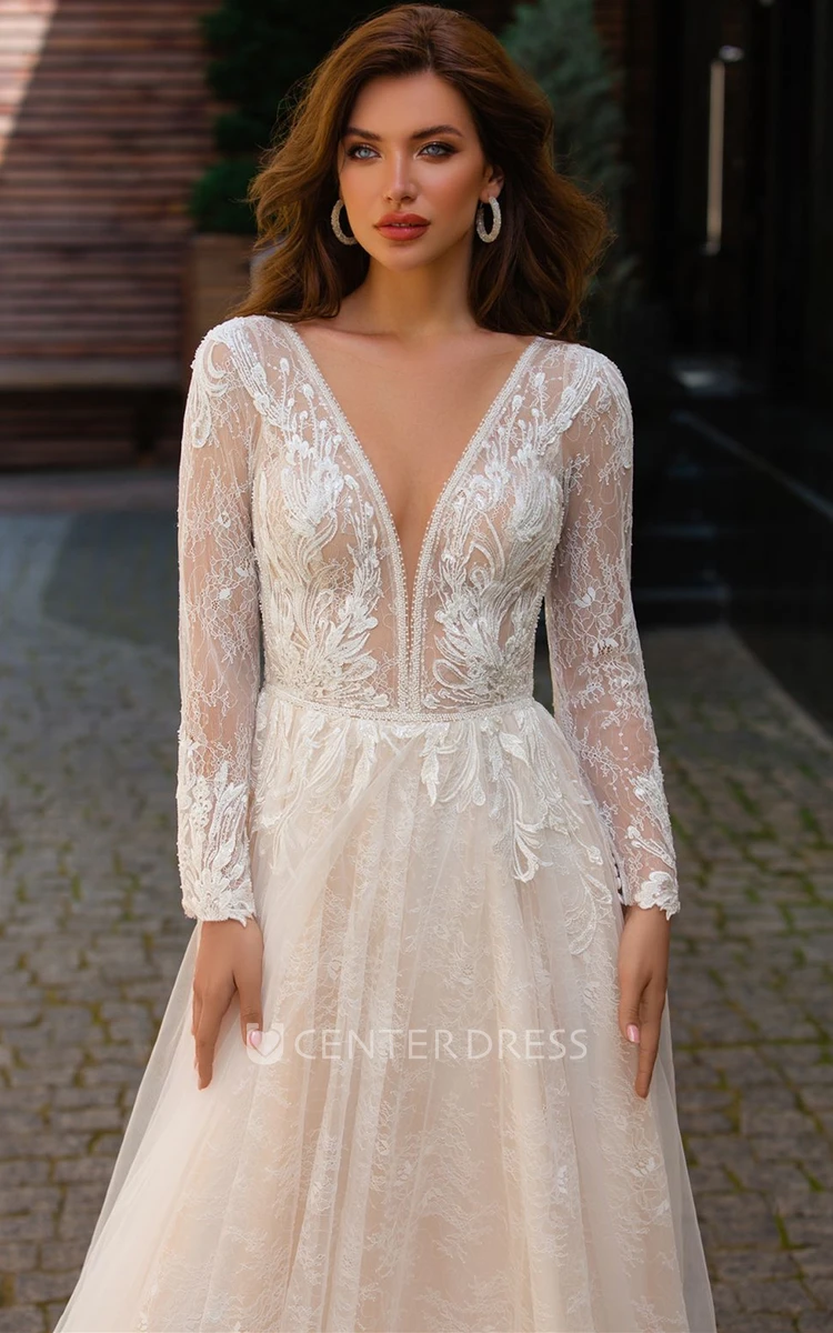 Long Sleeved A Line Tulle Plunging Neck Wedding Dress with Appliques