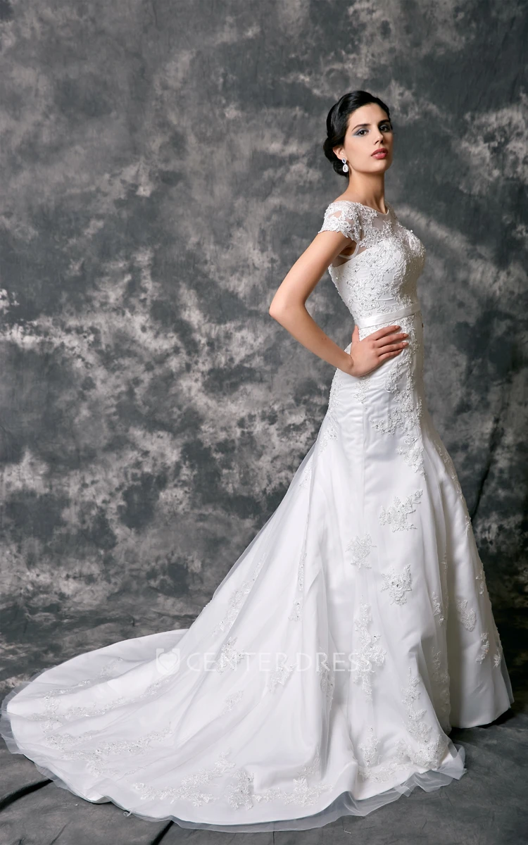 Cap Sleeve Beaded Lace Wedding Dress with Appliques