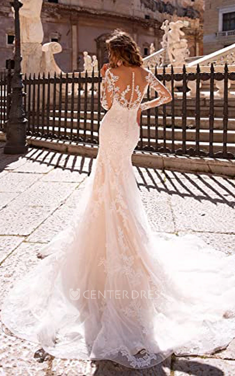 Bohemian Lace Mermaid Wedding Dress with Illusion Sleeves Romantic Beach Style