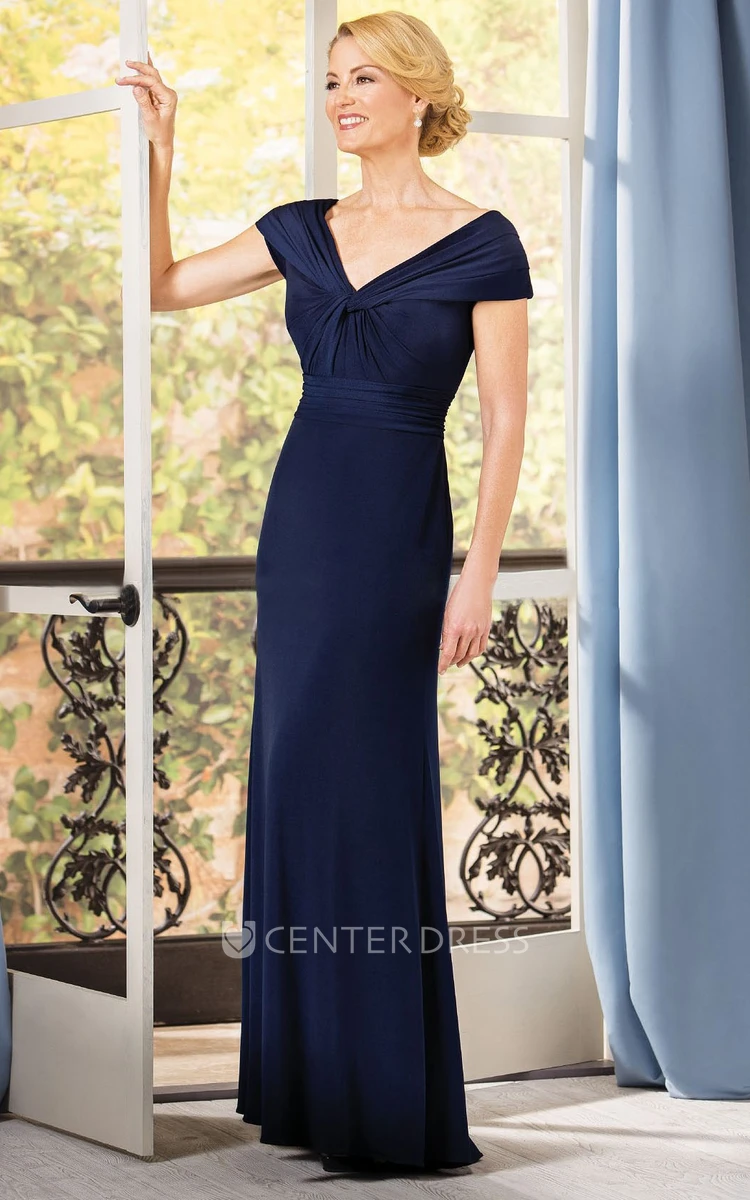 Fabulous V-Neck Cap-Sleeved Long Gown With Ruches