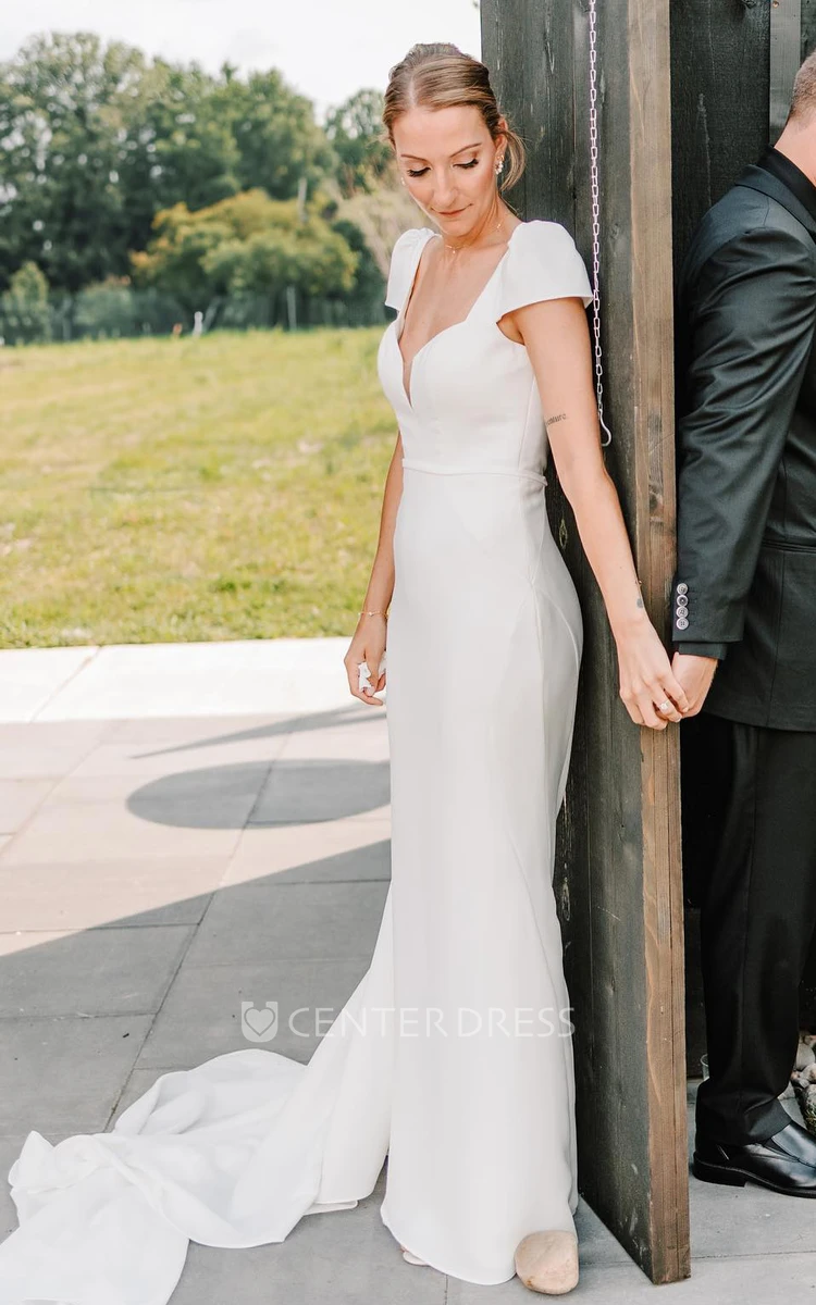 Gorgeous Queen Anne Neck Satin Garden Cap Sleeve Deep V-Back Solid Wedding Dress