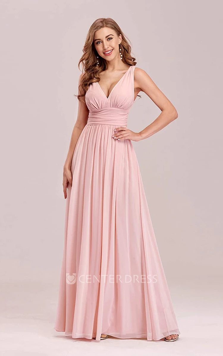 Romantic A Line Chiffon V-neck Sleeveless Prom Dress With Ruffles