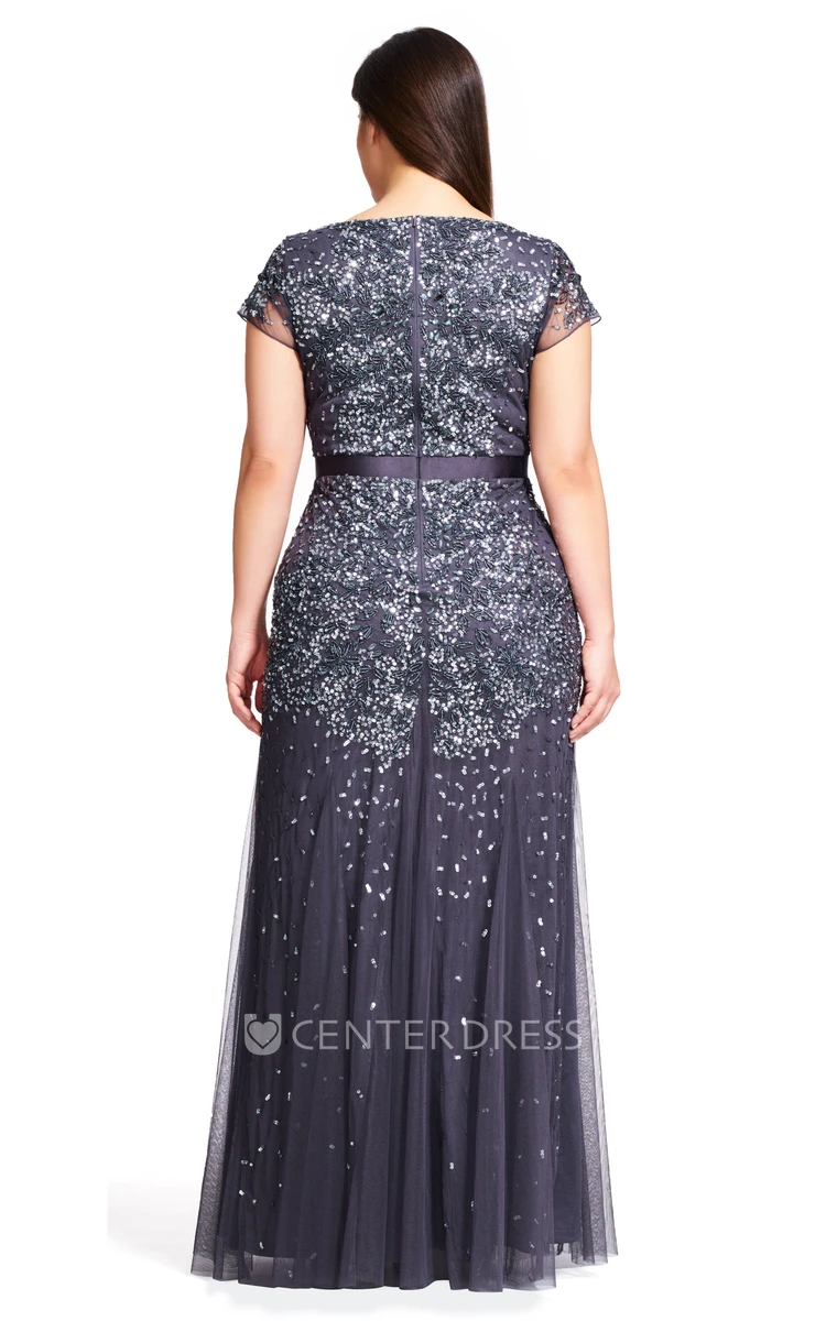 V-Neck Long Short-Sleeve Pleated Tulle&Sequins Plus Size Bridesmaid Dress