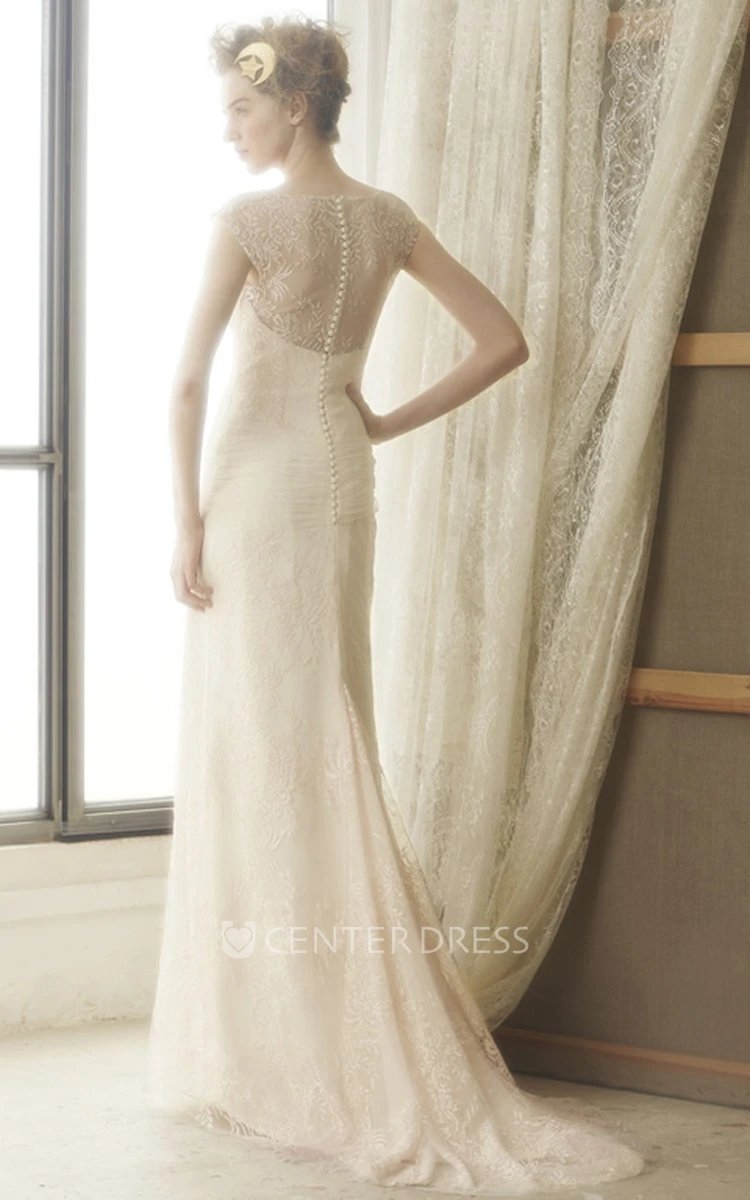 Sheath Floor-Length Scoop Cap-Sleeve Floral Lace Wedding Dress With Illusion Back And Sweep Train