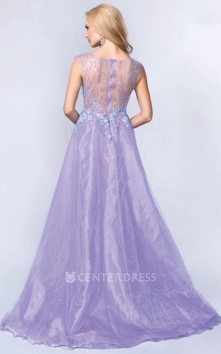 A-Line Scoop-Neck Sleeveless Illusion Dress With Beading And Appliques
