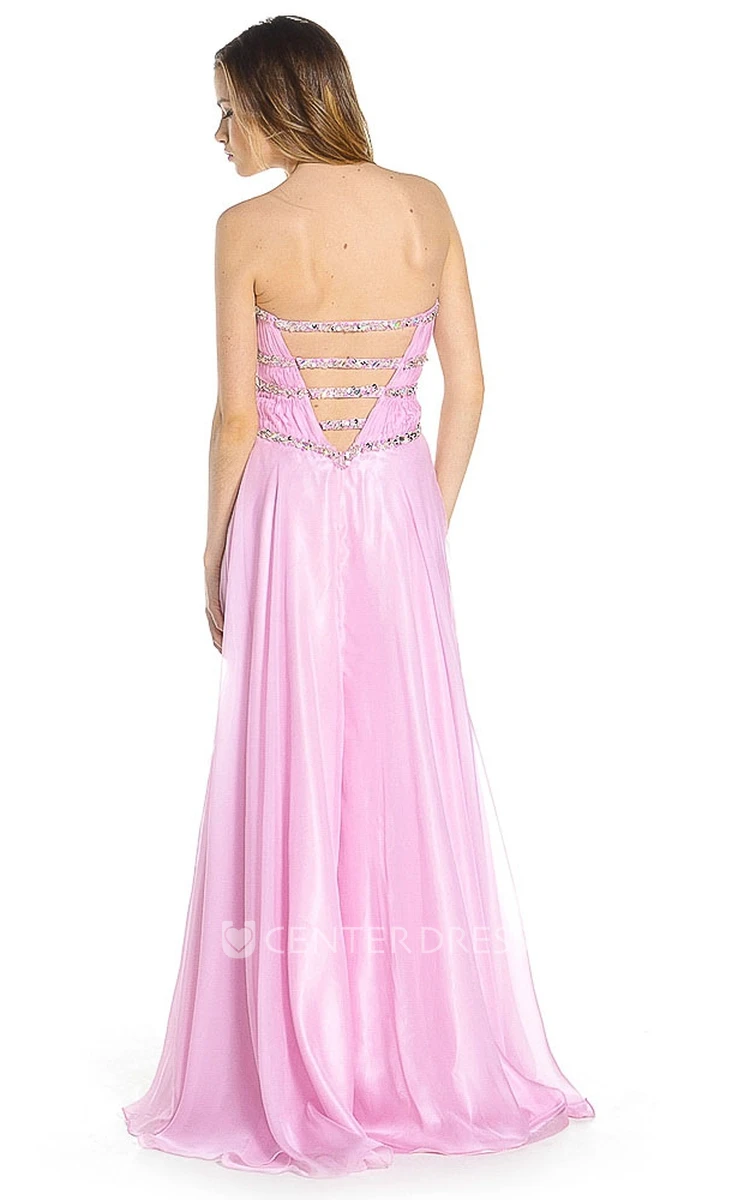 A-Line Sleeveless Beaded Sweetheart Maxi Tulle&Satin Prom Dress With Ruching