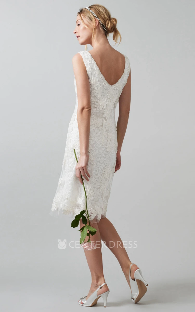 Midi V-Neck Appliqued Lace Wedding Dress With V Back