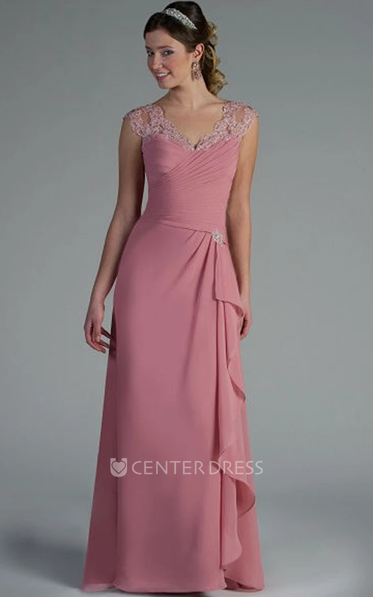 Appliqued V Neck And Cap Sleeve Chiffon Long Mother Of The Bride Dress With Side Drape