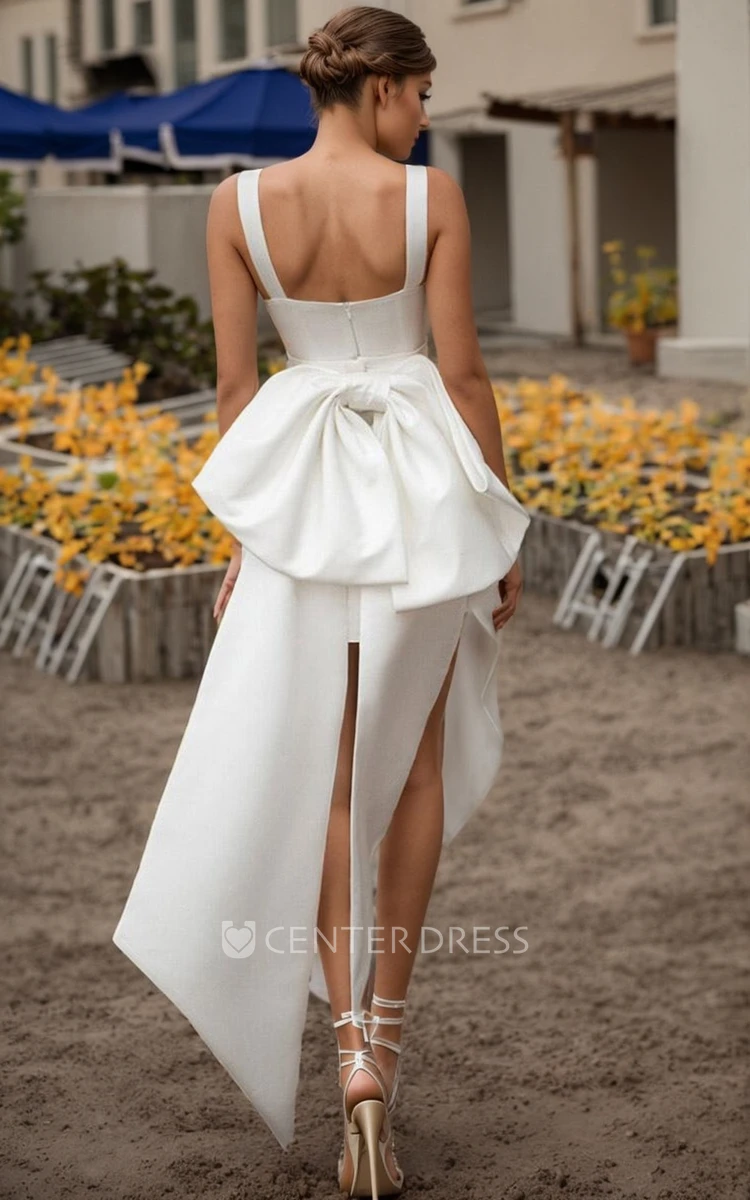 Solid Satin Sheath Straps Chic Petite Wedding Dress Adorable Short Square Neck Sleeveless Zipper Back Bridal Gown with Bow