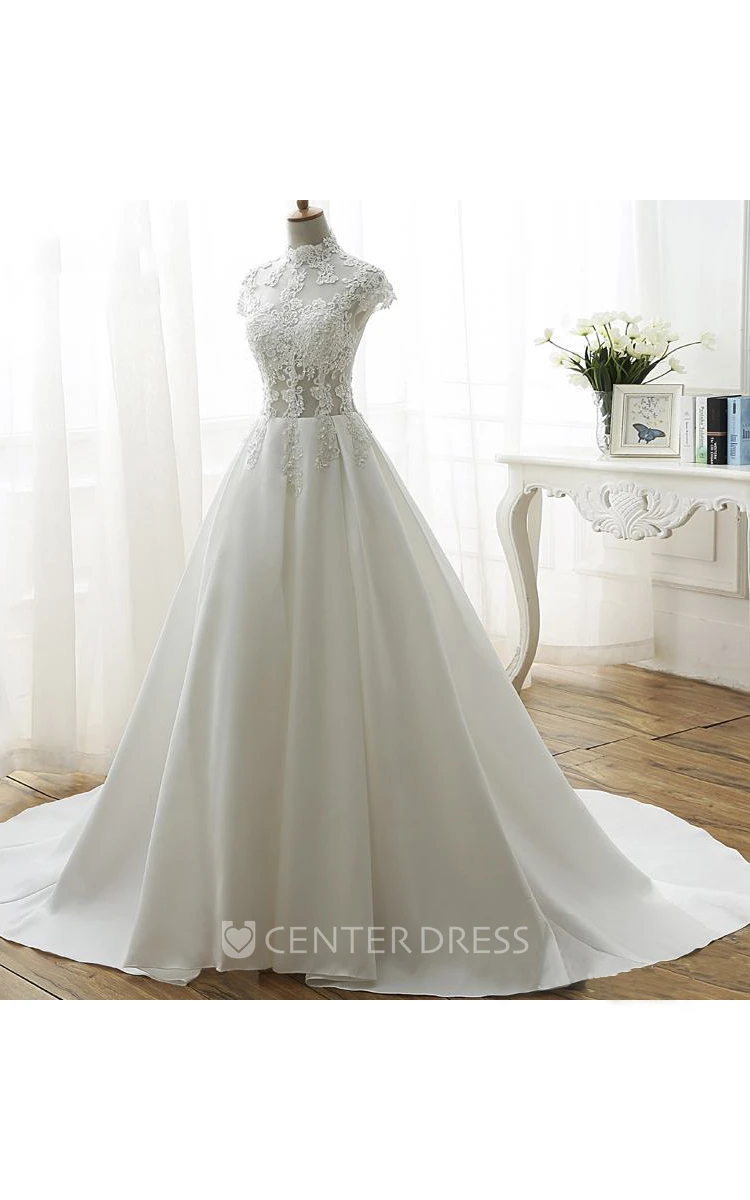 High Neck Illusion Ball Gown Wedding Dress With Beadings And Appliques