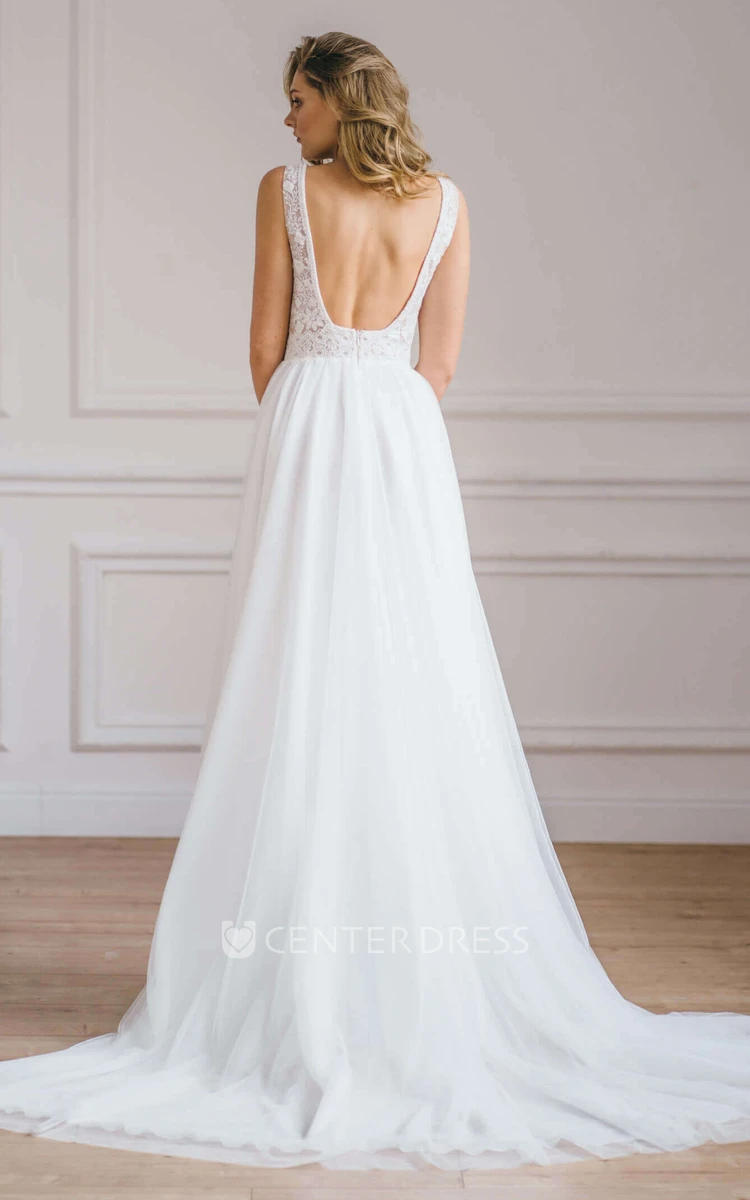 Modern Plunging Neckline A Line Tulle Sleeveless Floor-length Wedding Dress