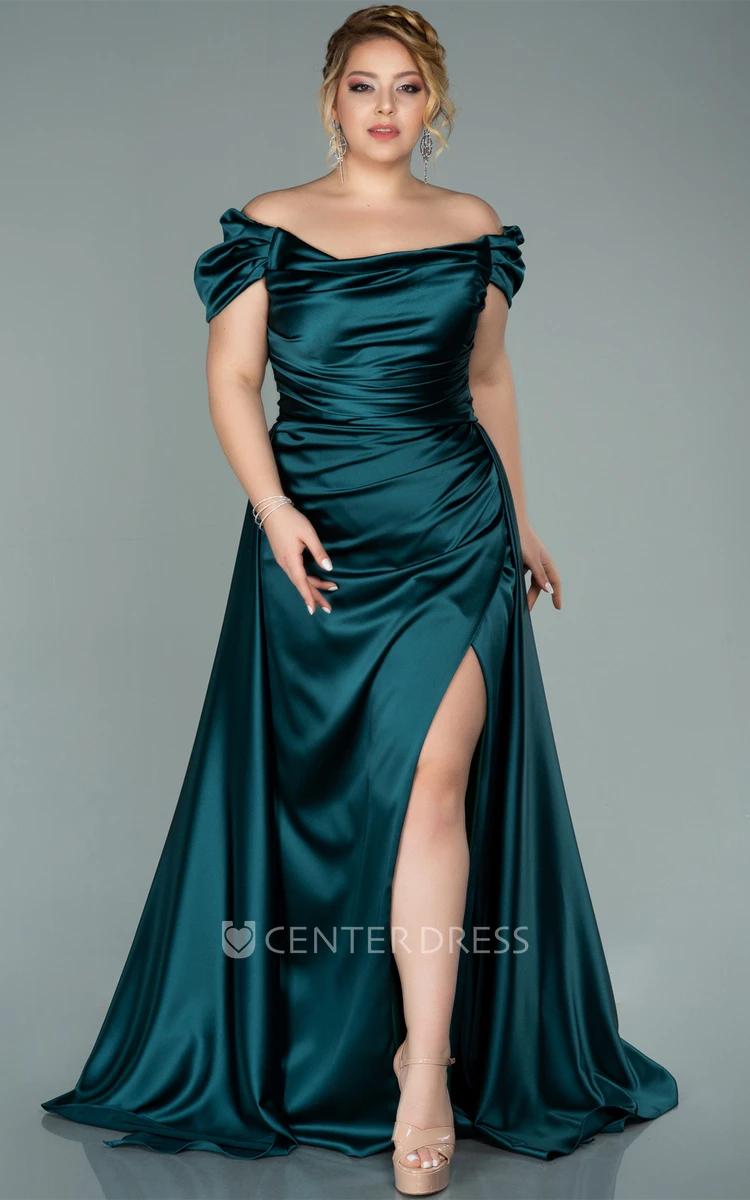 Elegant A Line Satin Prom Dress with Split Front and Ruching