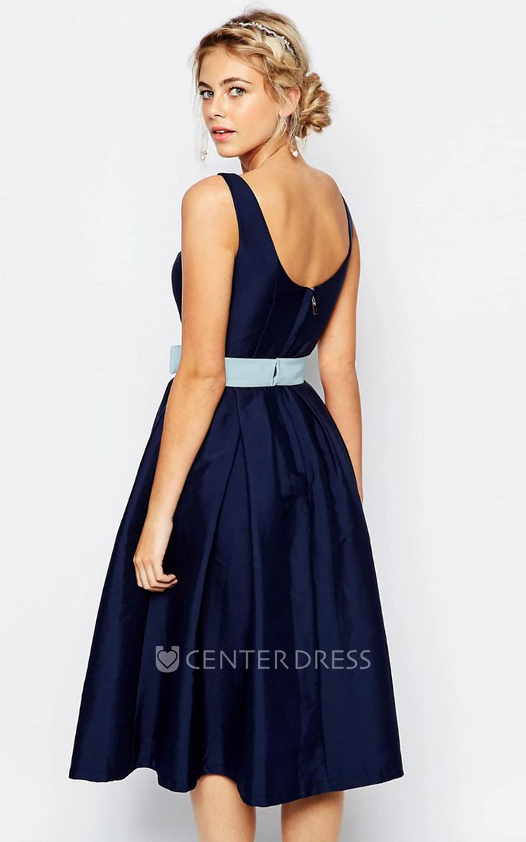A Line Pleated Short Mini Strapped Sleeveless Satin Bridesmaid Dress With Bow