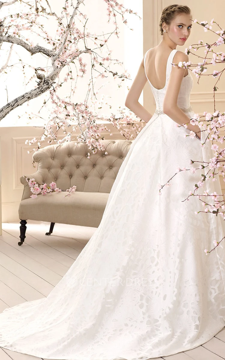 A-Line Sleeveless Floor-Length Square-Neck Jeweled Wedding Dress