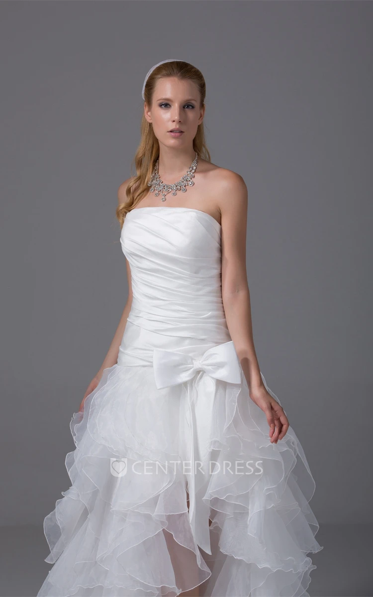High-Low Strapless Ruffled Organza Prom Dress with Ruching and Bow