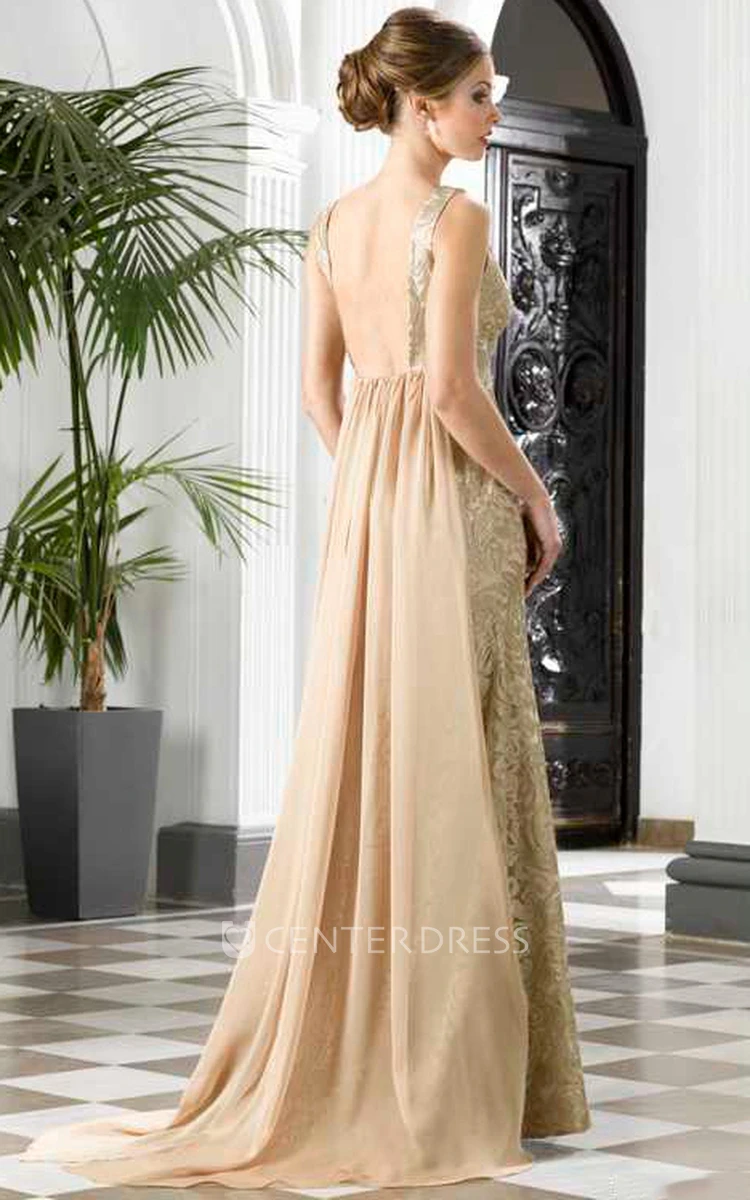 A-Line Floor-Length V-Neck Sleeveless Lace Waist Jewellery Detachable Train Low-V Back Dress