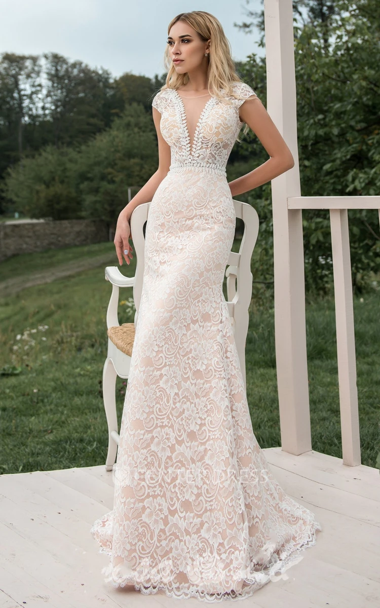 Bohemian Mermaid Lace Plunging Neck Sweep Train Wedding Dress with Appliques