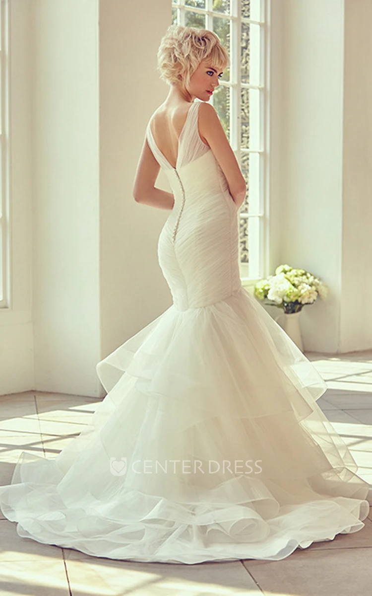 Long V-Neck Criss-Cross Tulle Wedding Dress With Court Train And V Back