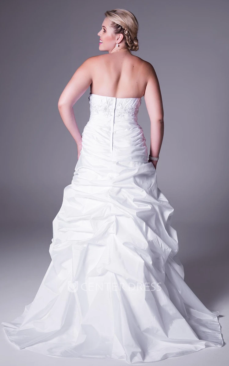 Strapless Appliqued Satin Plus Size Wedding Dress With Ruffles And Sweep Train