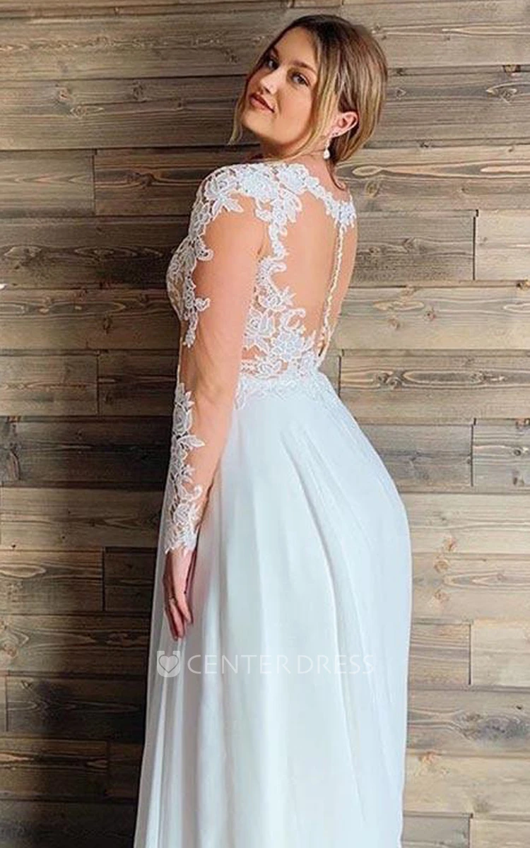 A Line Long Sleeve Chiffon Lace Bohemian Button Illusion Wedding Dress with Pleats