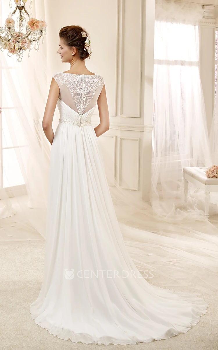 Jewel-Neck Draping Chiffon Wedding Dress With Pleated Bodice And Illusive Design