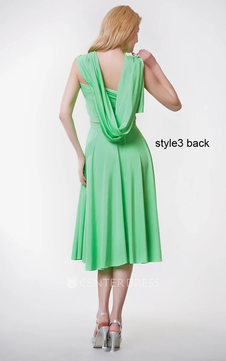 Convertible Ruched One Shoulder Knee-length Jersey Dress With Pleats