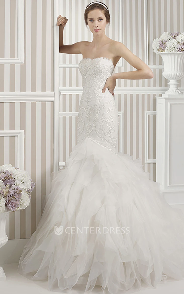 Mermaid Sleeveless Strapless Ruffled Maxi Tulle Wedding Dress With Appliques And Backless Style