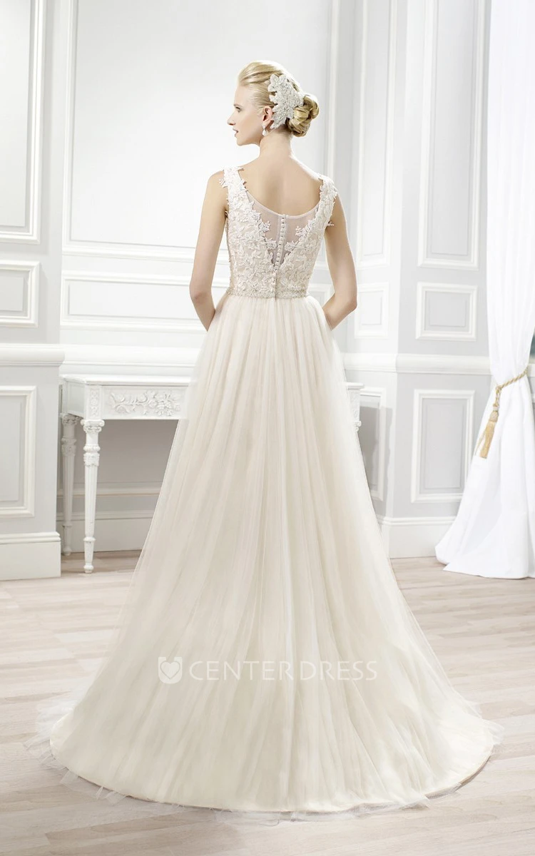 A-Line Sleeveless Bateau Floor-Length Appliqued Lace&Tulle Wedding Dress With Pleats And Illusion Back