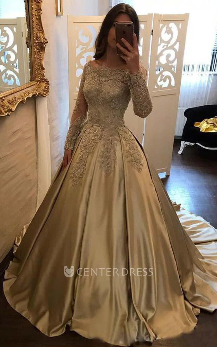 Illusion Long Sleeve Court Train Ball Gown Off-the-shoulder Satin Lace Dress