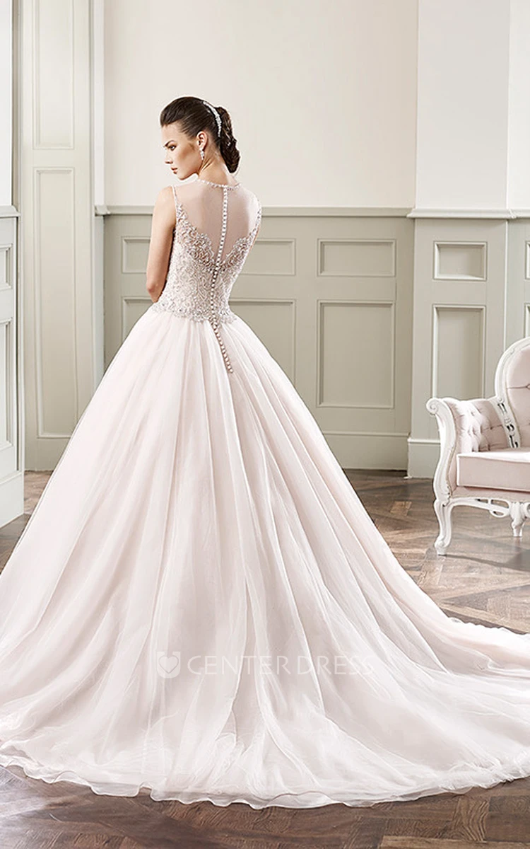 Ball Gown Floor-Length Beaded Scoop-Neck Sleeveless Tulle Wedding Dress