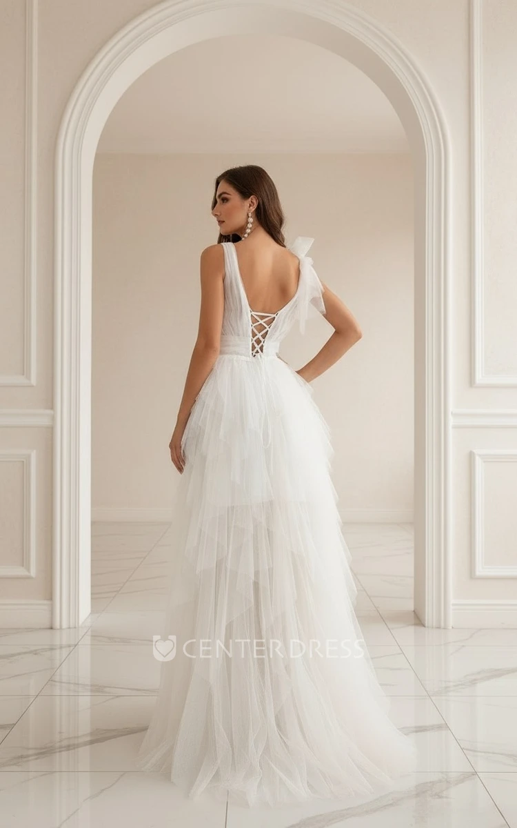 Romantic Ethereal Tulle A-Line Solid Wedding Dress Beach Sexy V-neck Floor-length Sleeveless Bridal Gown with Lace-up Back