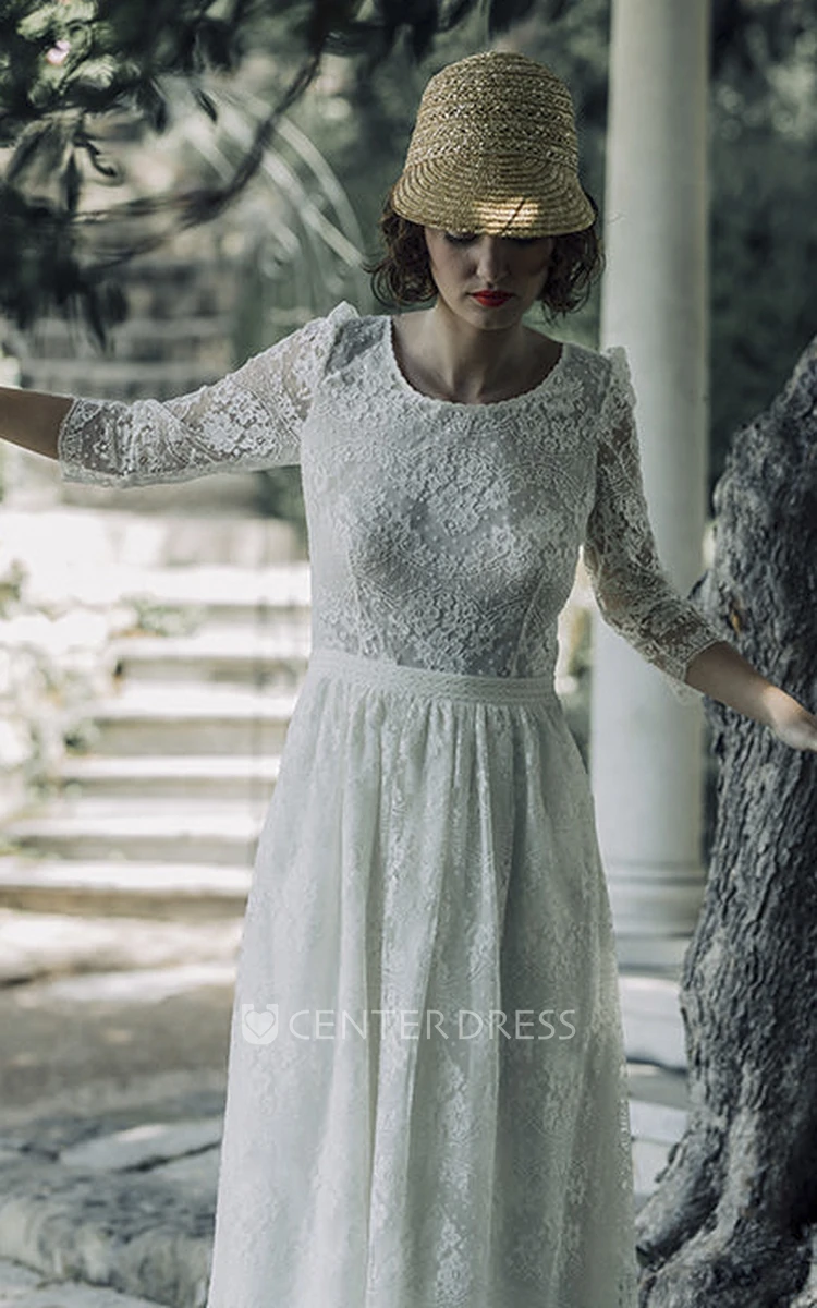 Long Sleeve Vintage Scoop Neck Tea-length Lace Wedding Dress With V-back