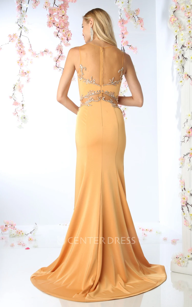High-Low Sheath Scoop-Neck Sleeveless Jersey Illusion Dress With Beading