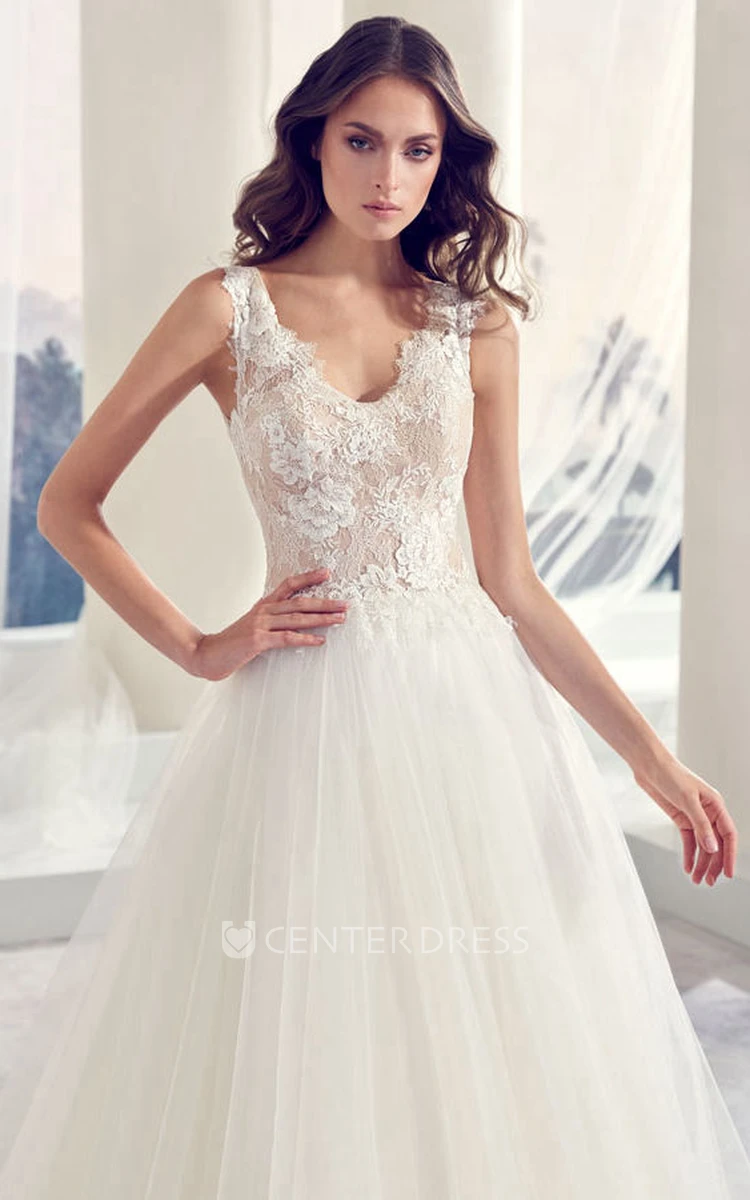 Ball-Gown Long Appliqued Sleeveless V-Neck Tulle Wedding Dress With Illusion Back And Pleats