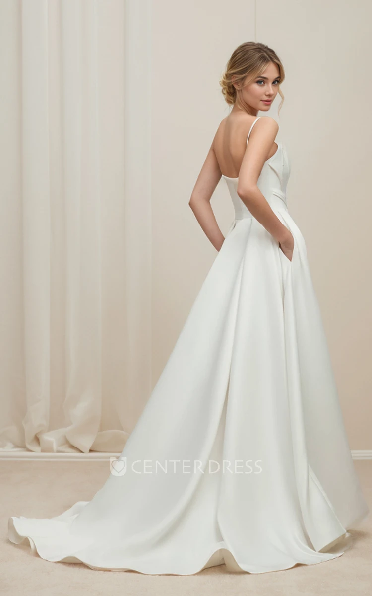 Simple Solid A-Line Floor-length Spaghetti Sleeveless Satin Wedding Dress Sexy Casual Split Front Beach Zipper V Back Bridal Gown with Train