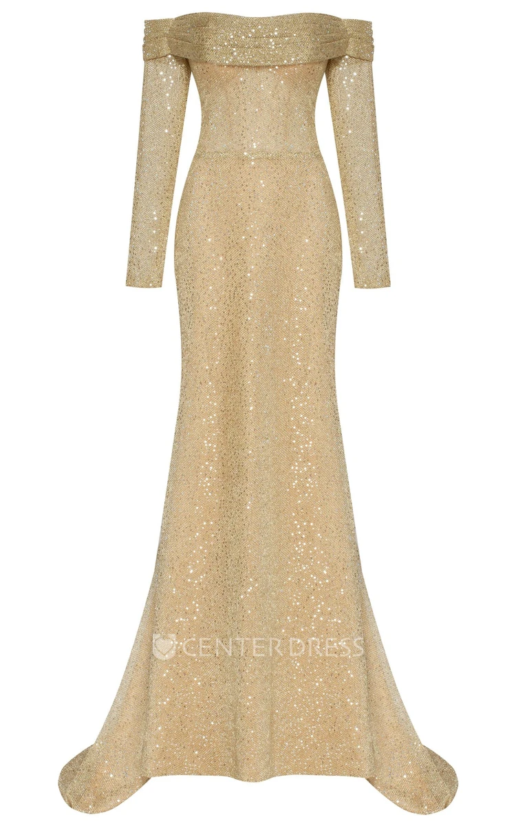 Romantic Trumpet Off-the-shoulder Sequins Guest Dress With Open Back