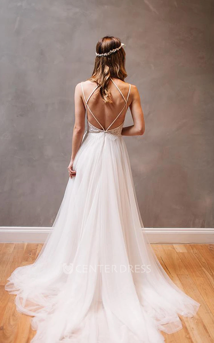A Line Spaghetti Lace Tulle Straps Wedding Gown