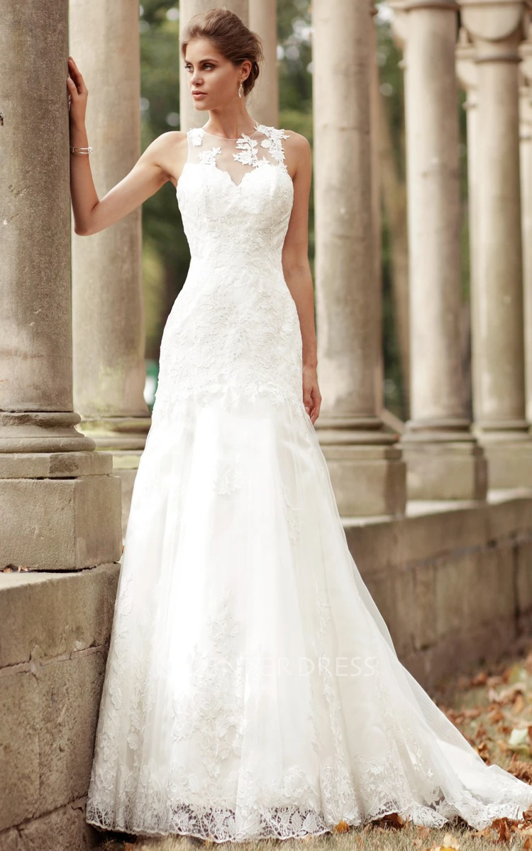 Sheath Appliqued Sleeveless High-Neck Floor-Length Lace Wedding Dress