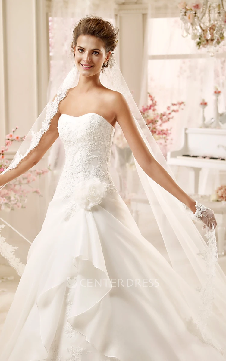 Strapless A-line Wedding Dress with Flowers and Asymmetrical Ruching