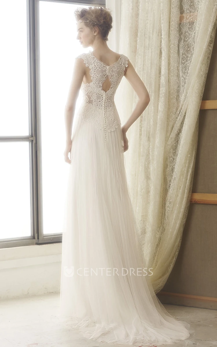 Floor-Length Square Empire Lace Tulle Wedding Dress With Brush Train And Keyhole