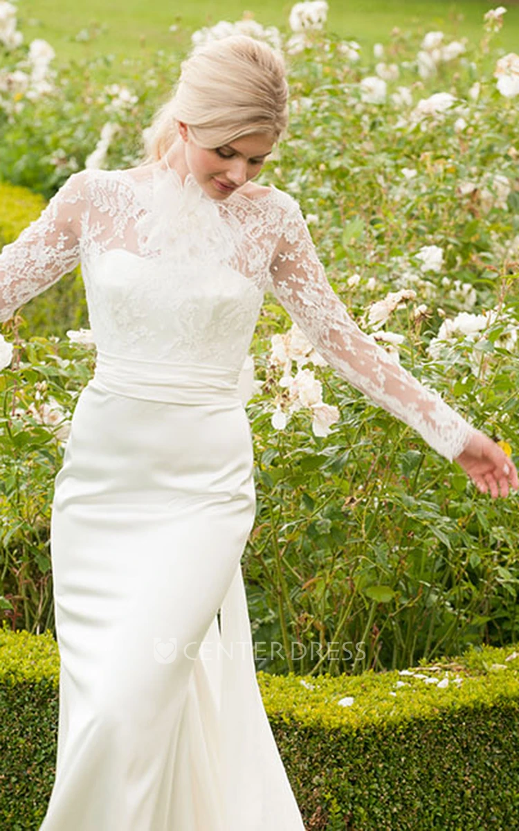 Long High Neck Long-Sleeve Floral Chiffon Wedding Dress With Sweep Train And V Back